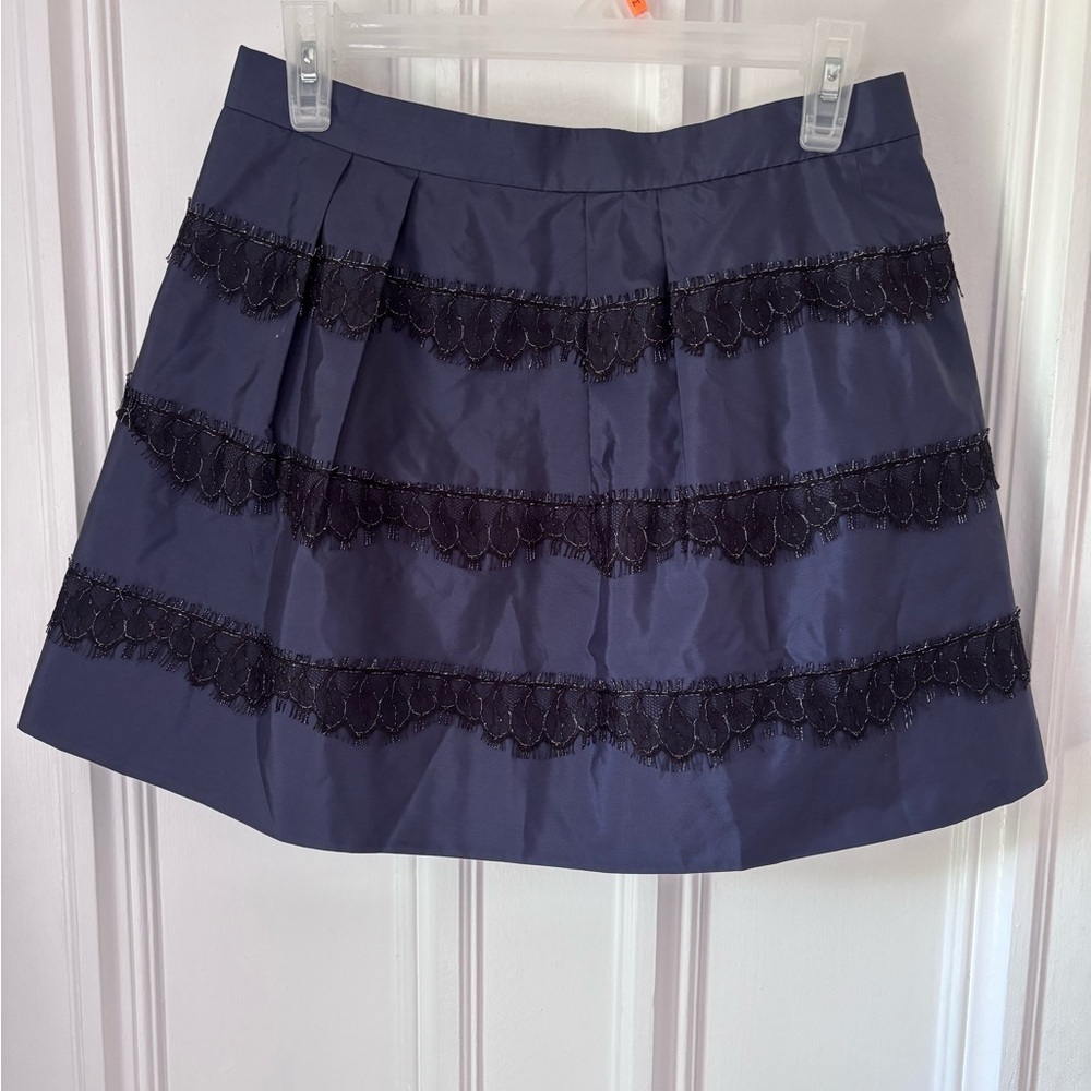 J Crew 100% Silk Navy Blue Lace Lined Tulle Miniskirt Size 4